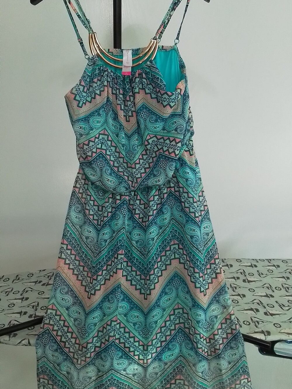 No Boundaries Teal Chevron-Print Casual Sundress with Gold Accent
